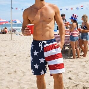 American Flag Swim Trunks M Red White Blue Patriotic Beach Pool Independence Day